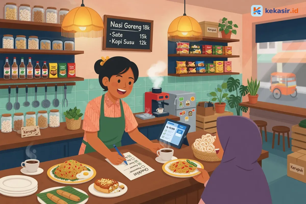 Pemilik cafe mencentang checklist perangkat di meja sebelum daftar trial kasir