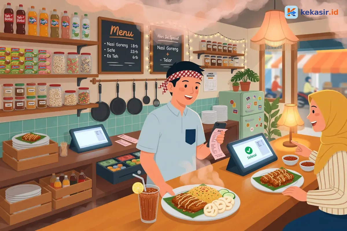 Pemilik warung membuka laptop di meja kasir sambil memegang nota dan HP