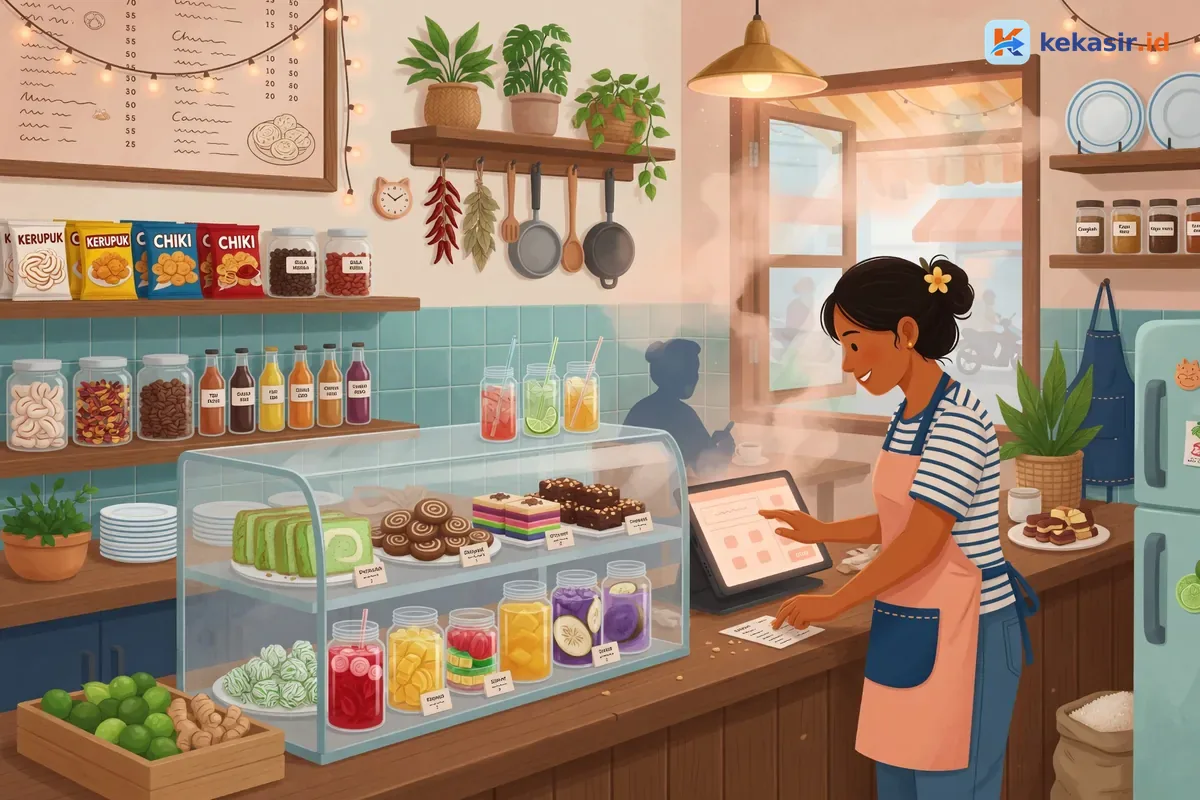 Staf cafe menata menu di tablet di depan etalase kue dan minuman