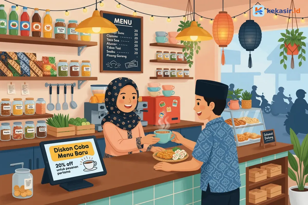Pelanggan memindai QR di meja cafe sambil menunggu pesanan minuman