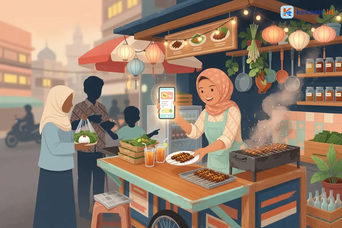 Ilustrasi pemilik gerobak takeaway melayani pelanggan di konter sambil memegang ponsel kasir