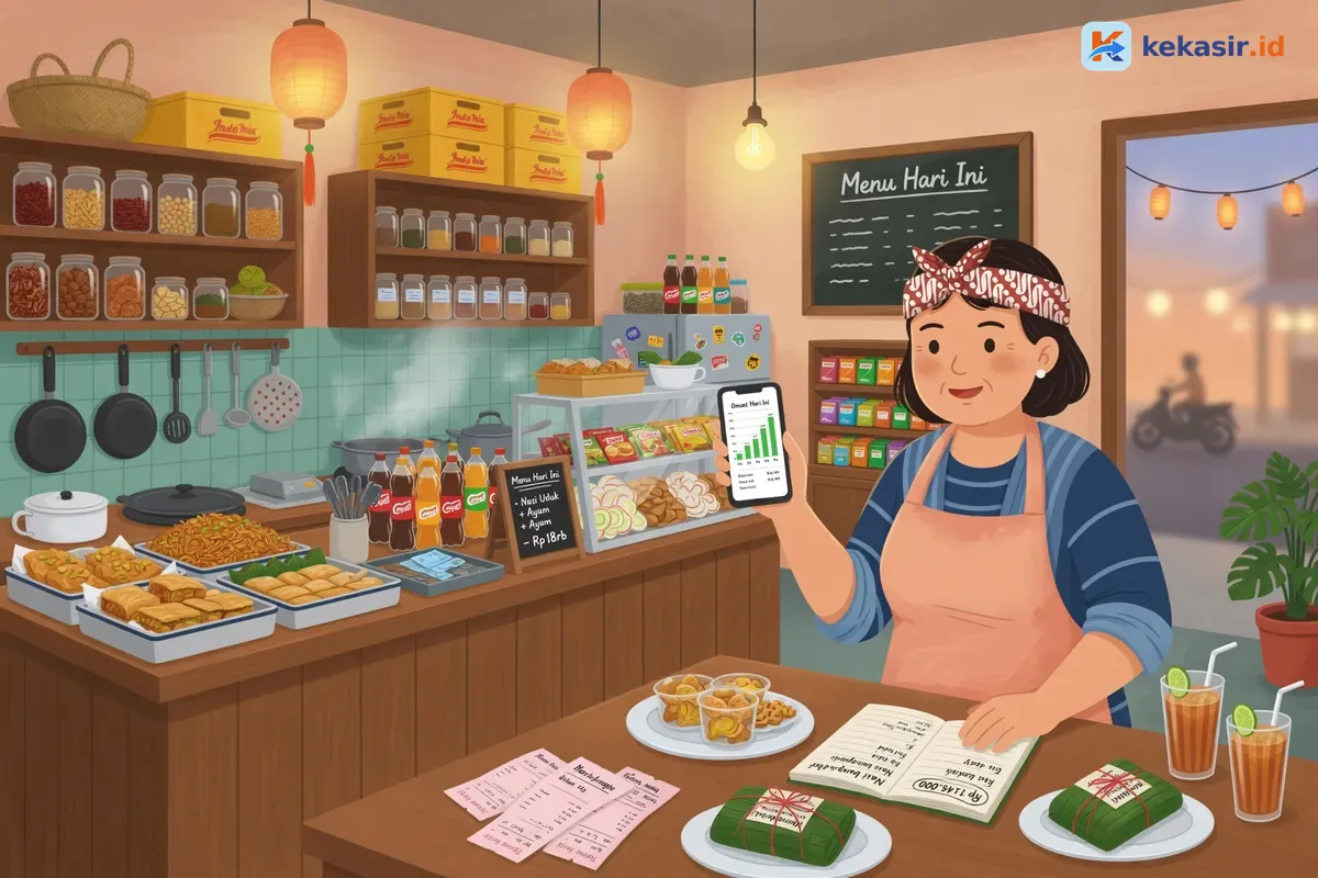 Pemilik usaha takeaway membandingkan catatan omzet harian di dapur kecil sambil memegang ponsel