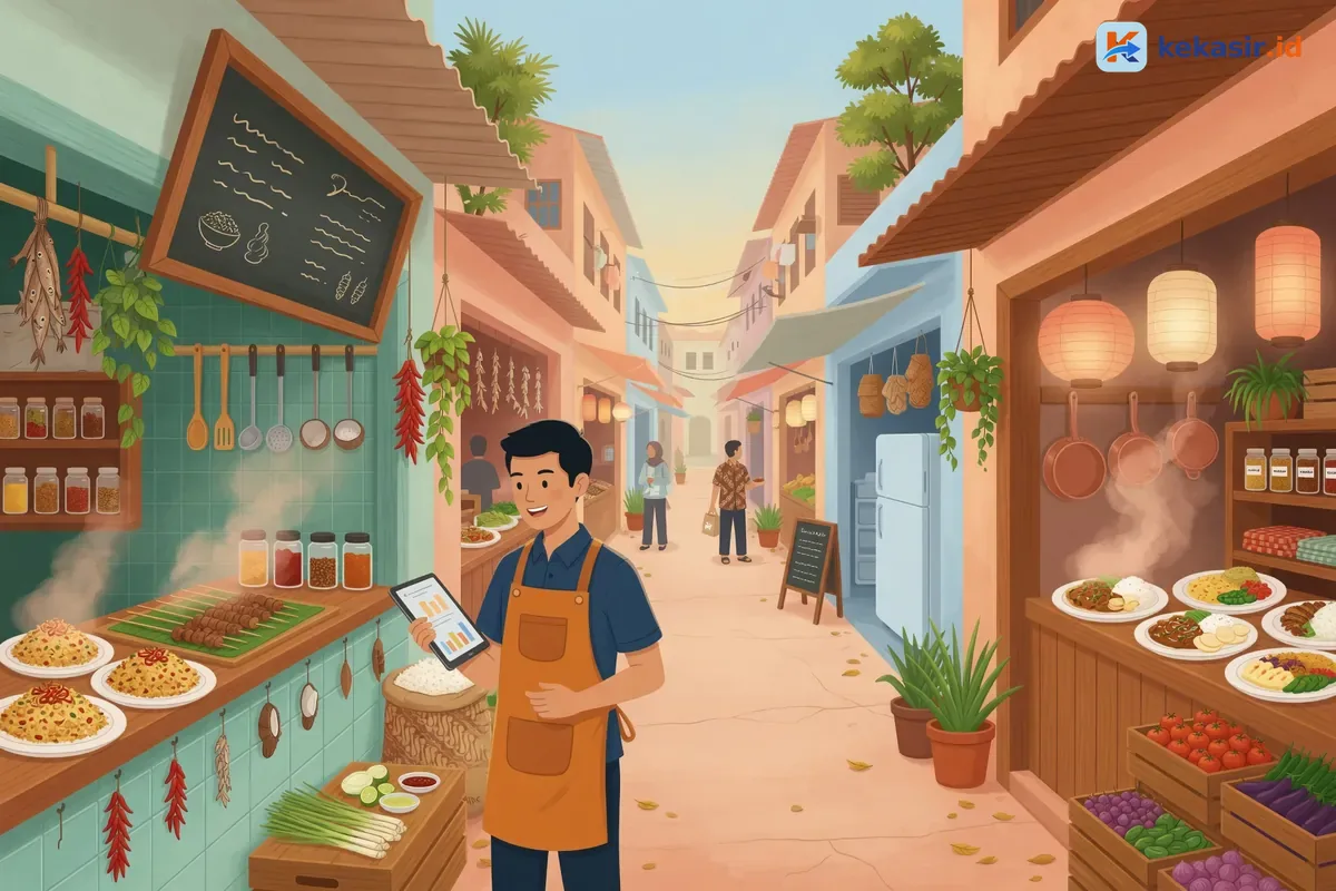 Ilustrasi manajer brand kuliner meninjau operasi multi-cabang di ruang kerja restoran