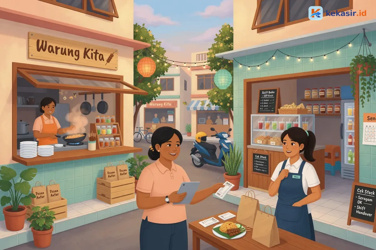 Ilustrasi kasir dan supervisor restoran menyelaraskan alur shift di beberapa outlet