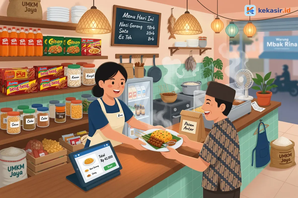Ilustrasi tim IT dan operasional brand kuliner membahas blueprint sistem kasir di meja rapat