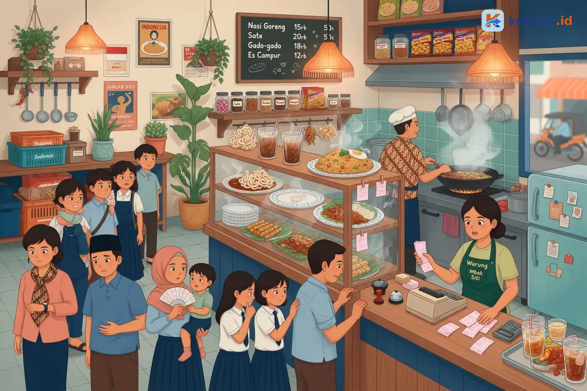 Ilustrasi suasana antrian panjang di depan kasir restoran saat jam makan siang