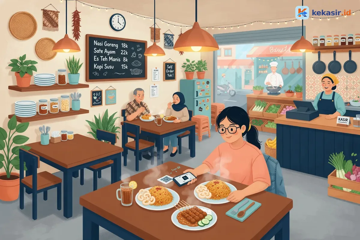 Diagram alur pesanan dari scan QR meja pelanggan langsung ke kasir dan dapur