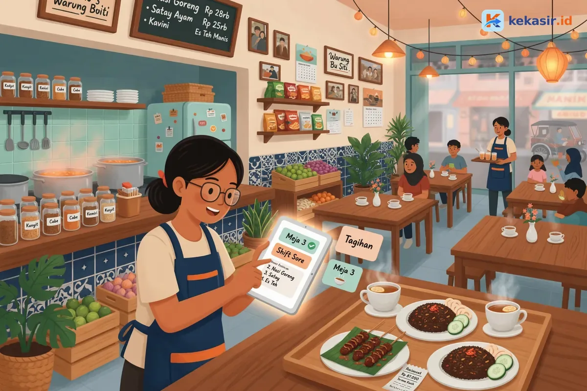 Ilustrasi pemilik restoran memantau status meja dan pesanan dari tablet kasir