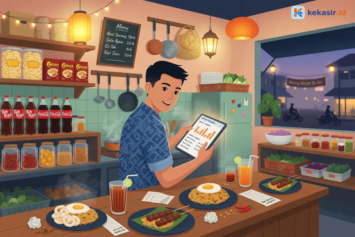 Ilustrasi pemilik usaha kuliner memantau laporan beberapa cabang dari tablet