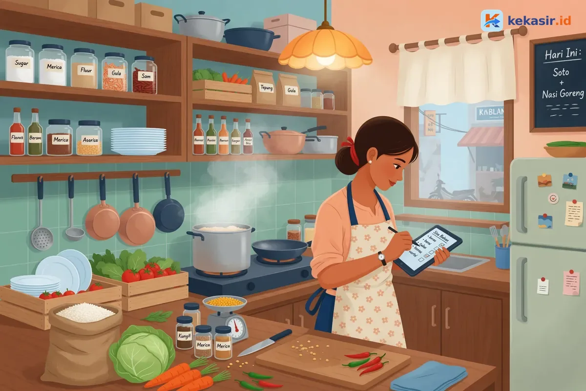 Suasana staf dapur mencatat sisa bahan baku di tablet