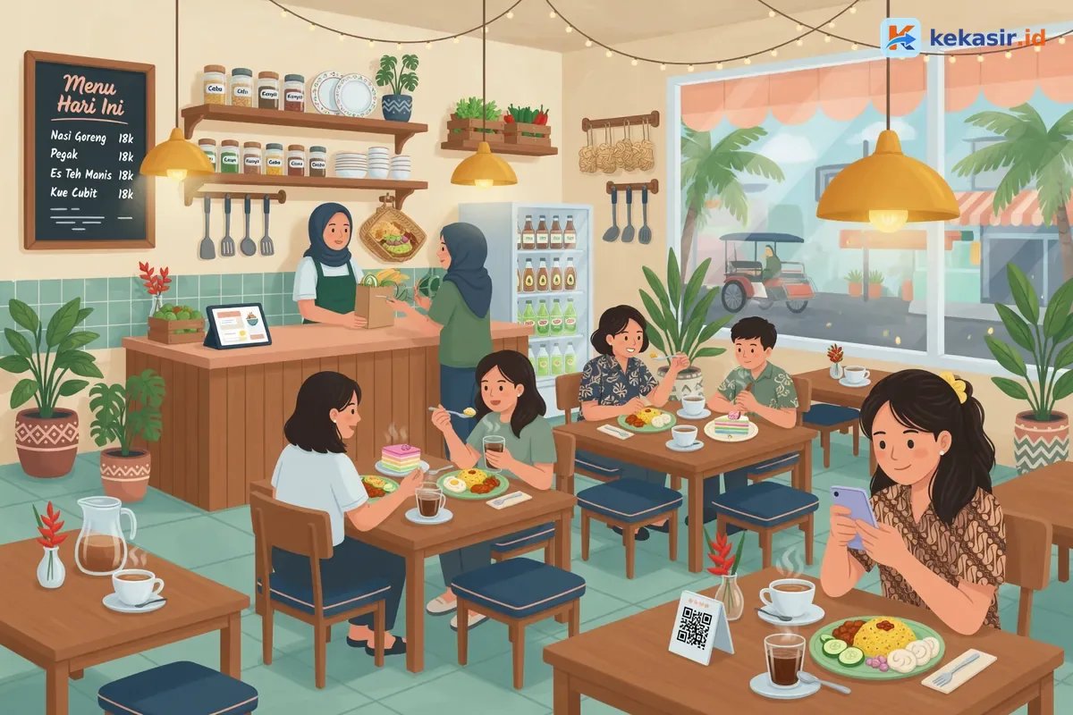 Ilustrasi suasana cafe ramai dengan pelanggan duduk di meja dan staf melayani di jam sibuk