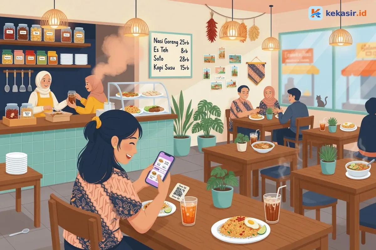 Alur pesanan self-order dari scan QR meja, pilih menu, bayar QRIS, sampai masuk kasir dan dapur