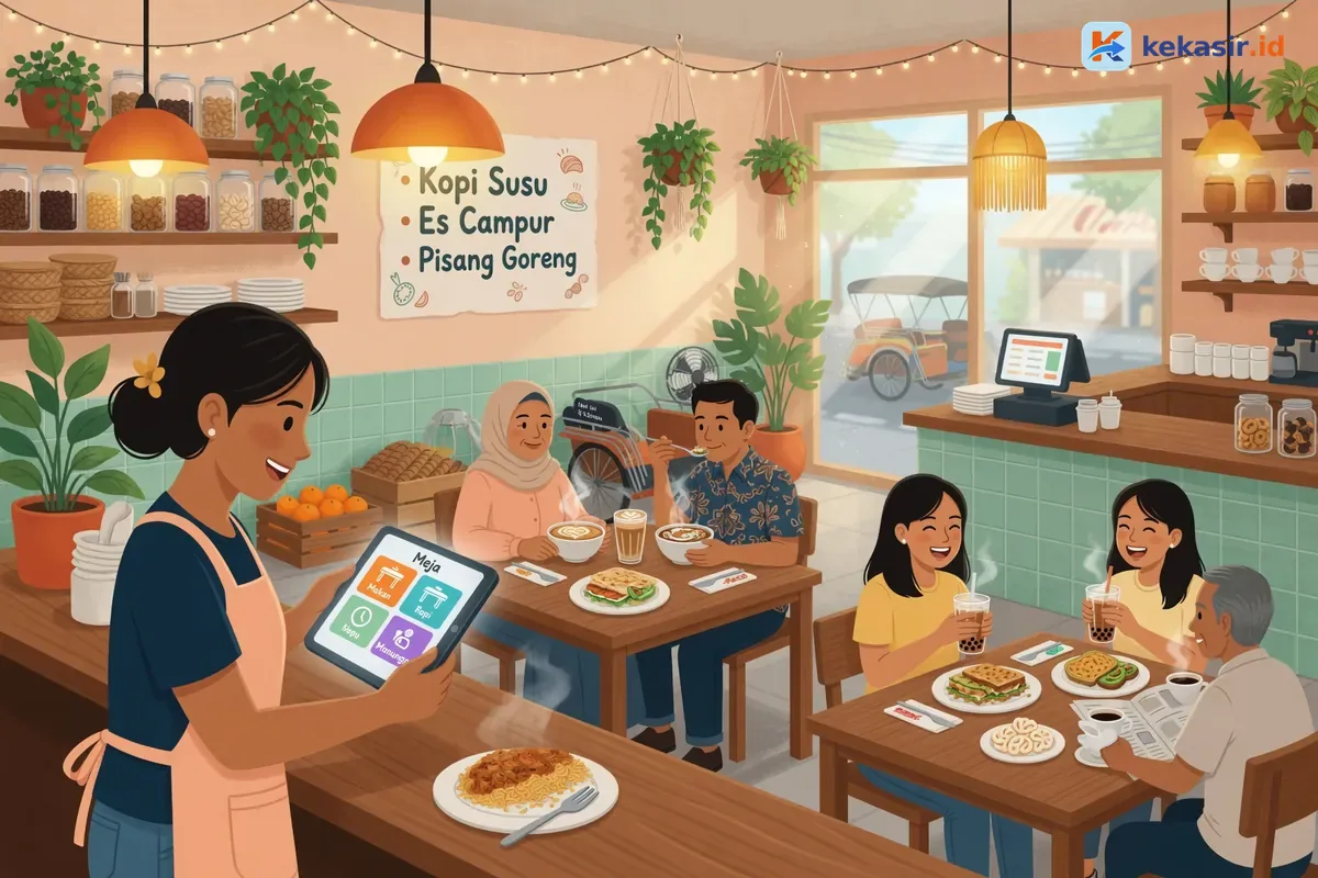 Ilustrasi staf cafe mengecek status meja di layar sambil pelanggan menikmati minuman