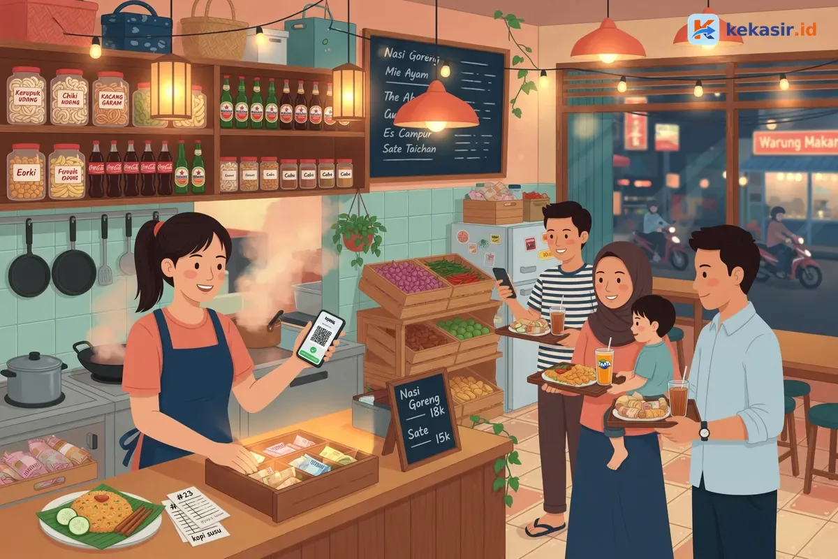 Ilustrasi suasana warung ramai dengan antrian pelanggan di kasir