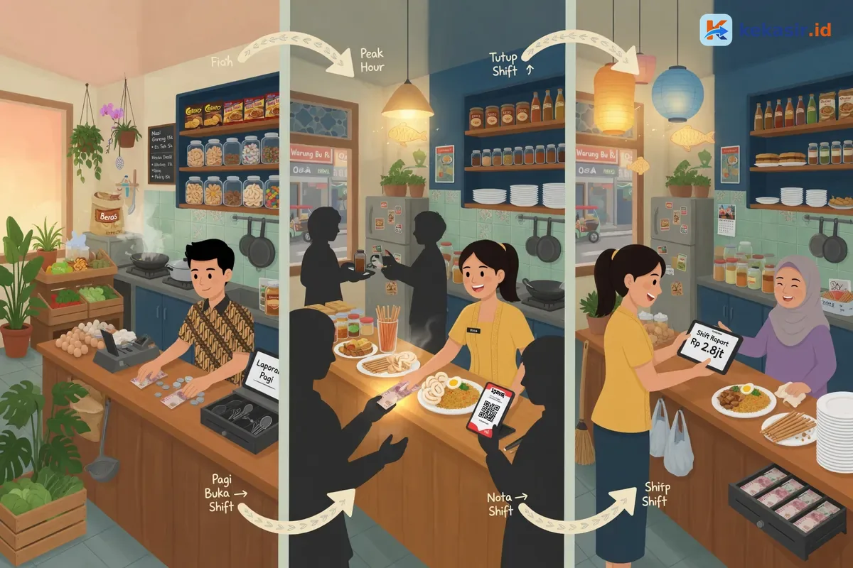 Diagram alur serah terima shift kasir dari pagi ke sore di warung
