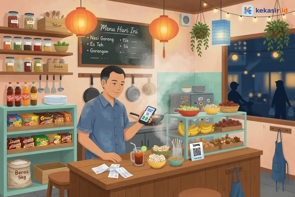 Ilustrasi pemilik warung melihat laporan penjualan harian dari HP di akhir hari