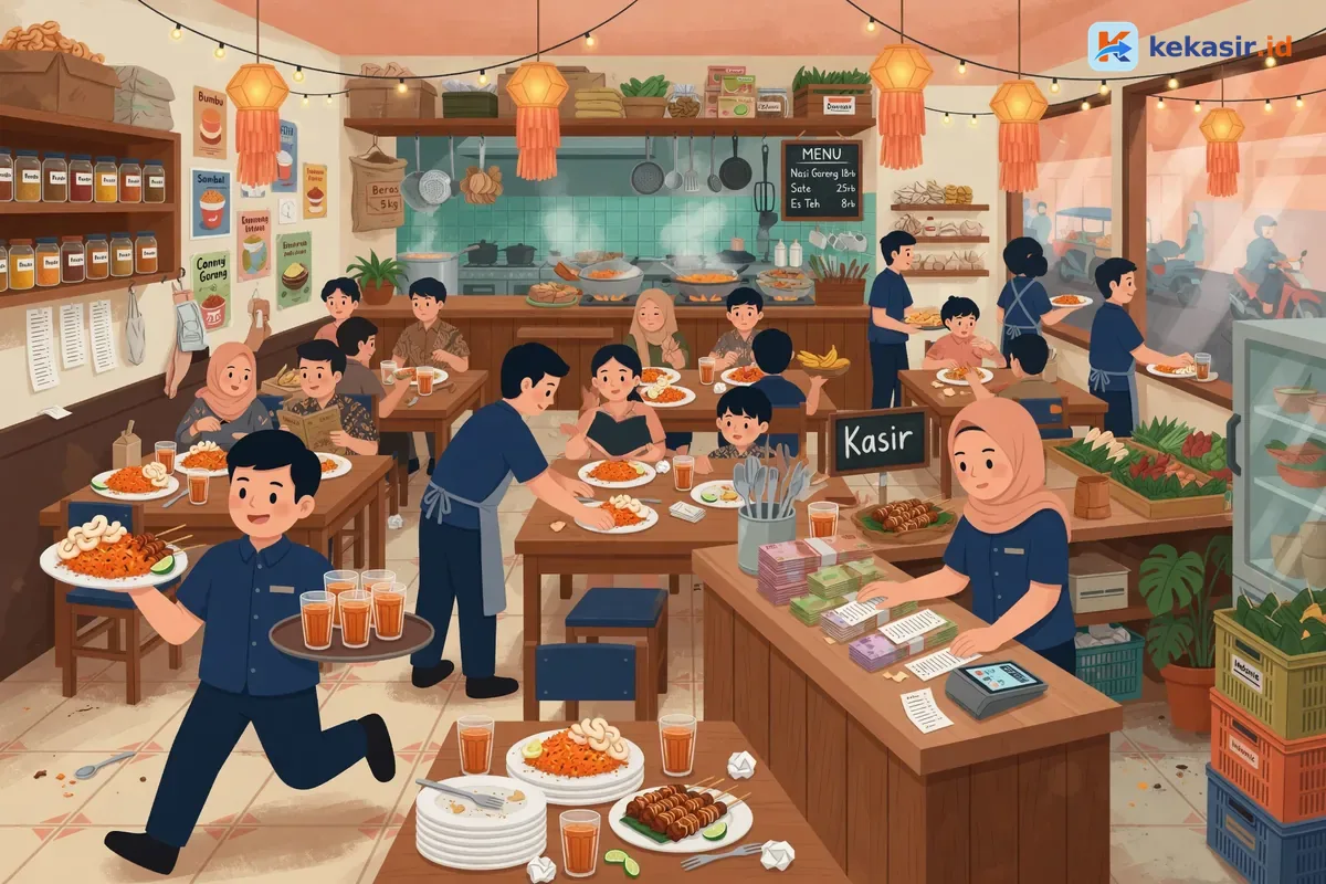 Ilustrasi restoran ramai dengan staf melayani meja dan kasir di jam sibuk