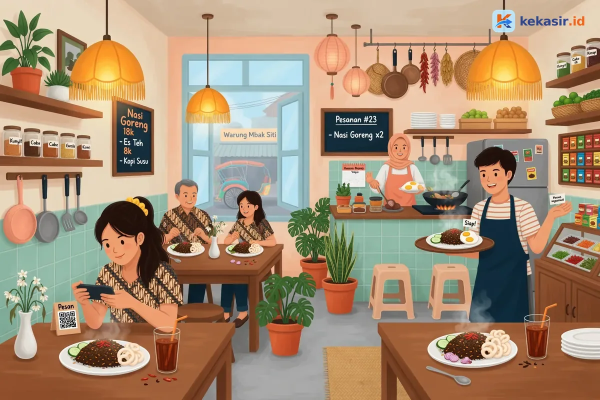Diagram alur pesanan dari meja ke kasir, dapur, hingga pembayaran di restoran