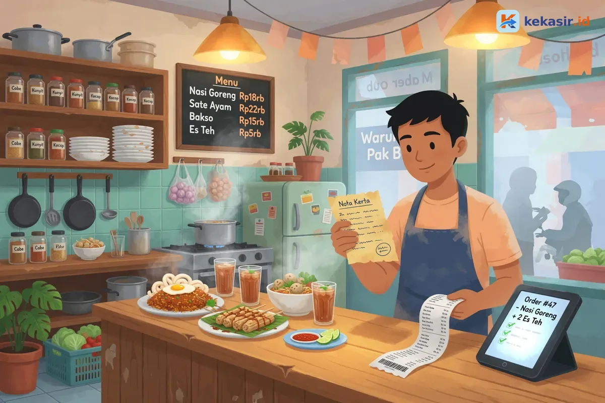 Ilustrasi pemilik warung kontainer membandingkan nota kertas dengan struk thermal dari tablet