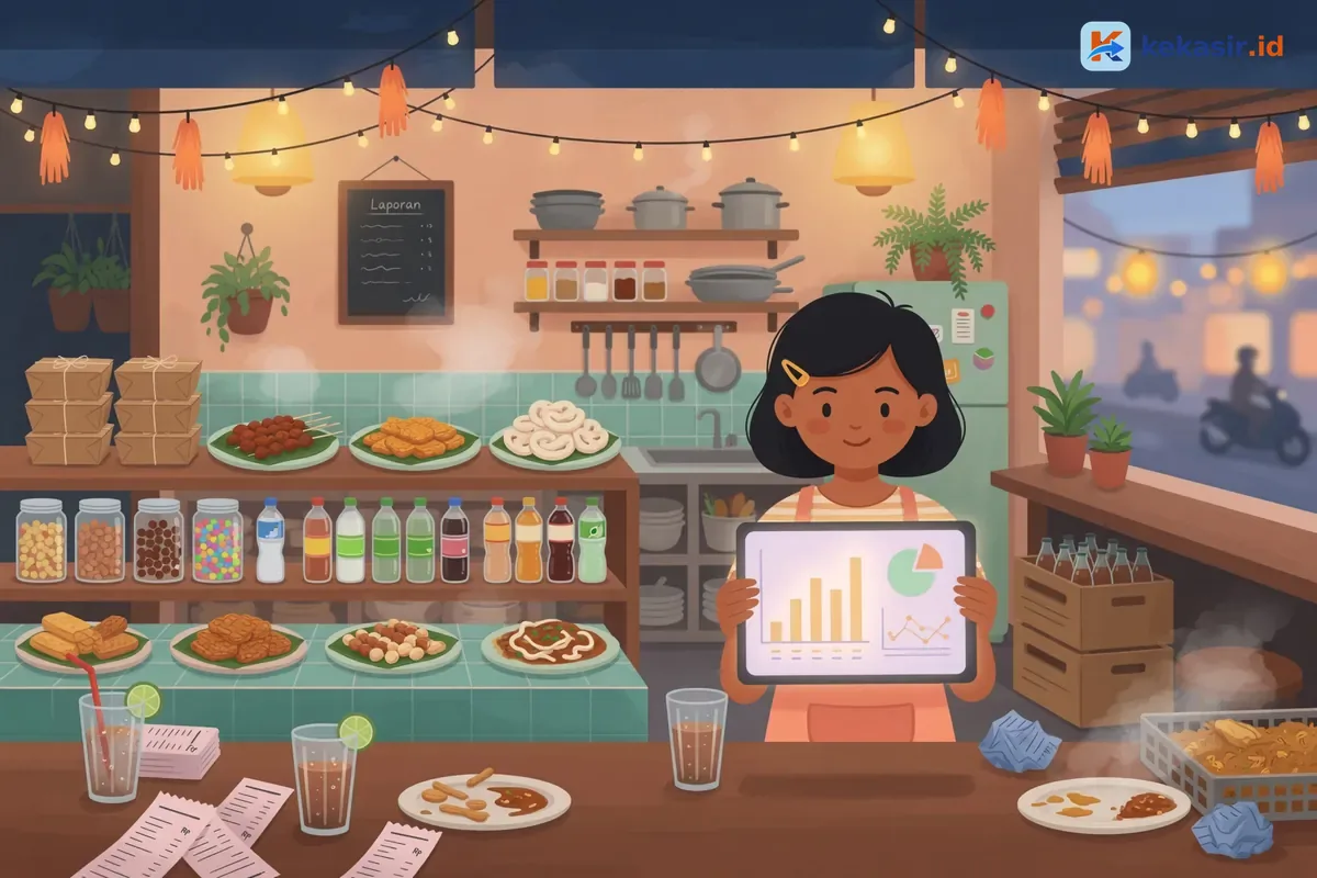 Ilustrasi pemilik usaha kuliner memeriksa laporan penjualan akhir shift di tablet