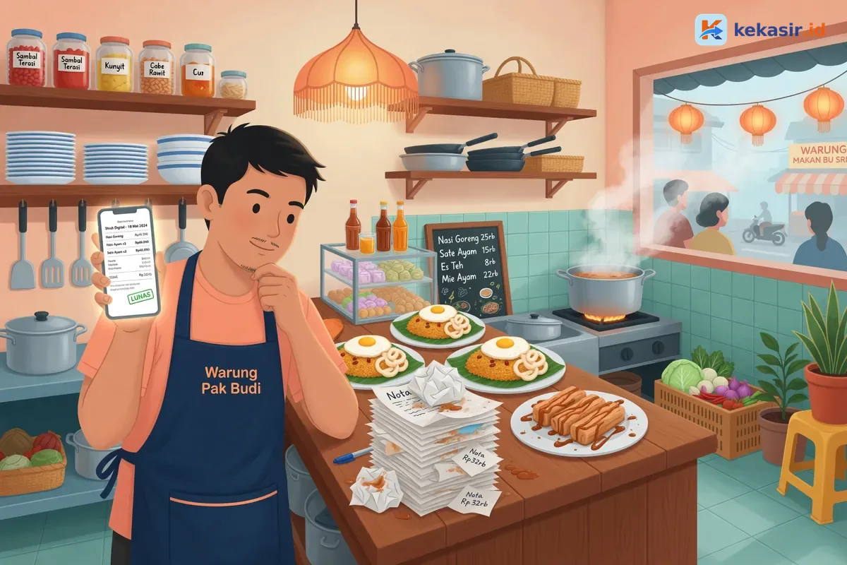 Ilustrasi pemilik warung membandingkan tumpukan nota kertas dengan struk digital di HP