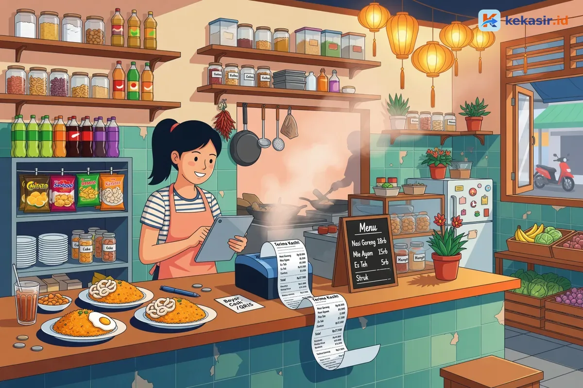 Ilustrasi kasir warung mencetak struk thermal dari tablet di meja kasir