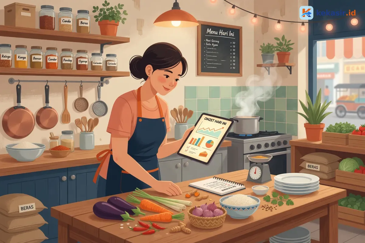 Ilustrasi pemilik usaha kuliner meninjau laporan omzet di tablet sambil berdiri di dapur