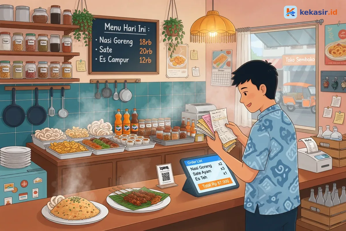 Ilustrasi pemilik warung di Tanjungpinang membandingkan nota kertas dengan layar kasir tablet di meja order
