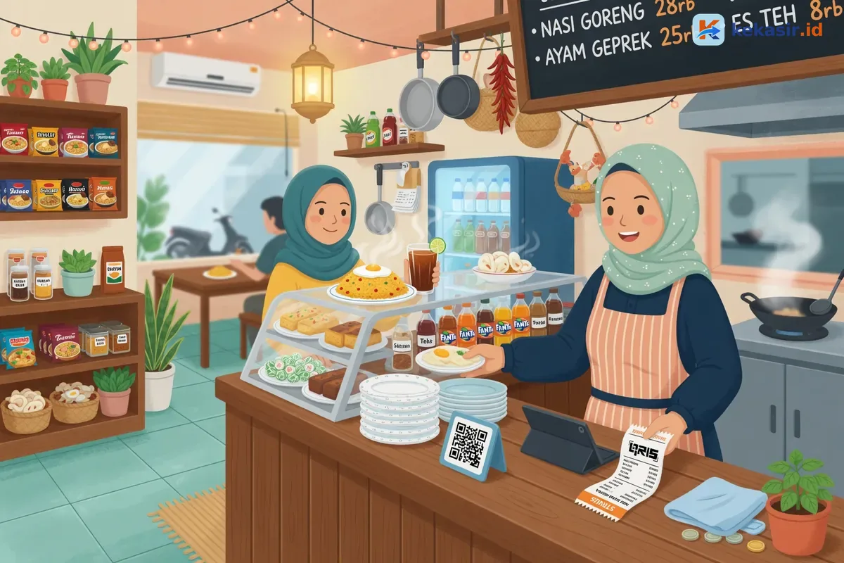 Suasana kasir cafe mencetak struk digital sambil melayani pelanggan di meja order
