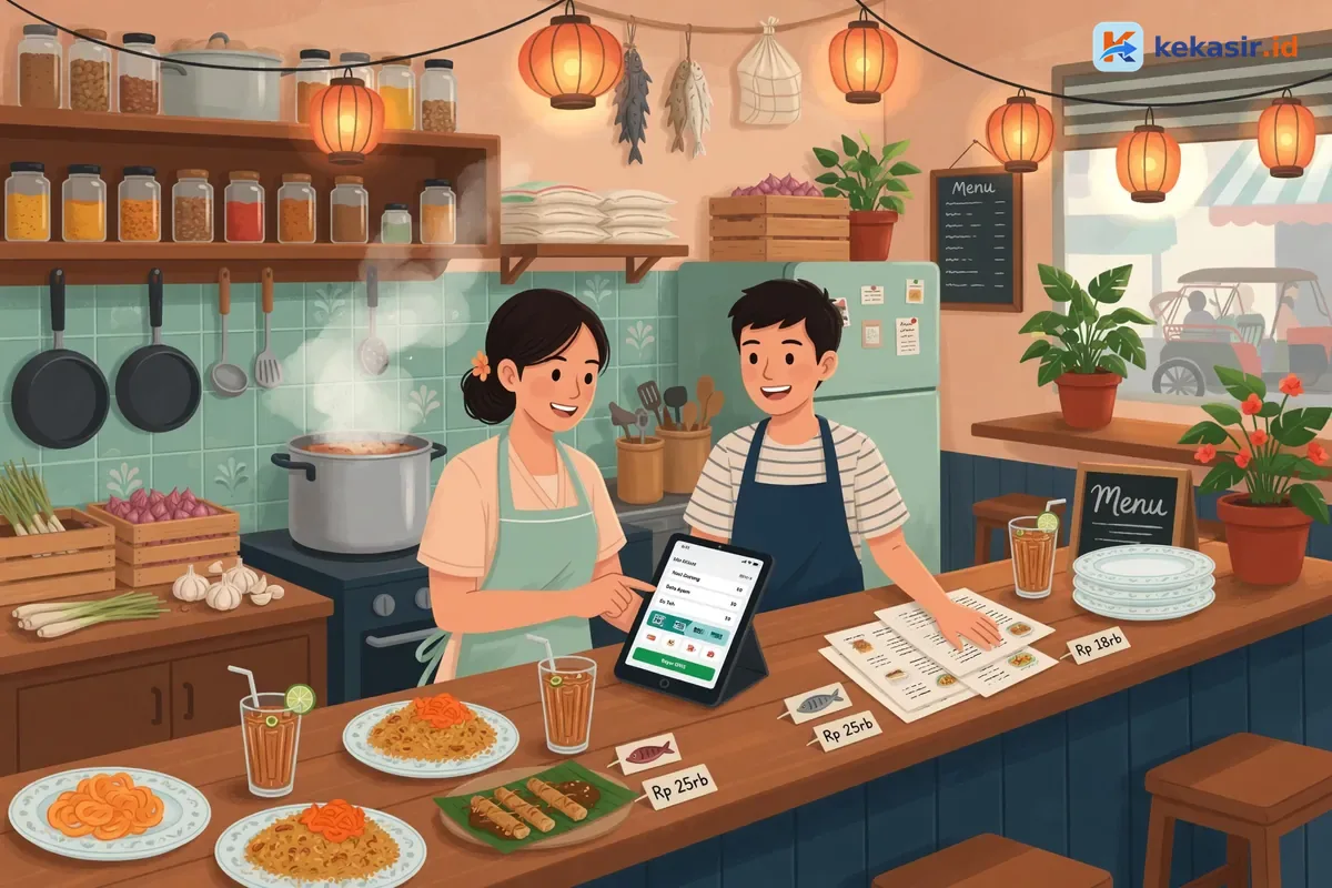Ilustrasi pemilik usaha kuliner melatih kasir memakai aplikasi POS di tablet sambil menata menu di counter