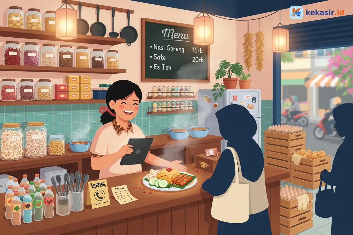 Ilustrasi pemilik warung di Tanjungpinang mengecek pesanan di tablet kasir sambil melayani pelanggan