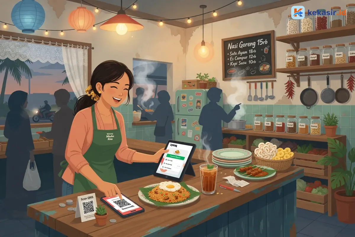 Suasana warung kuliner ramai dengan kasir memakai aplikasi POS di meja counter
