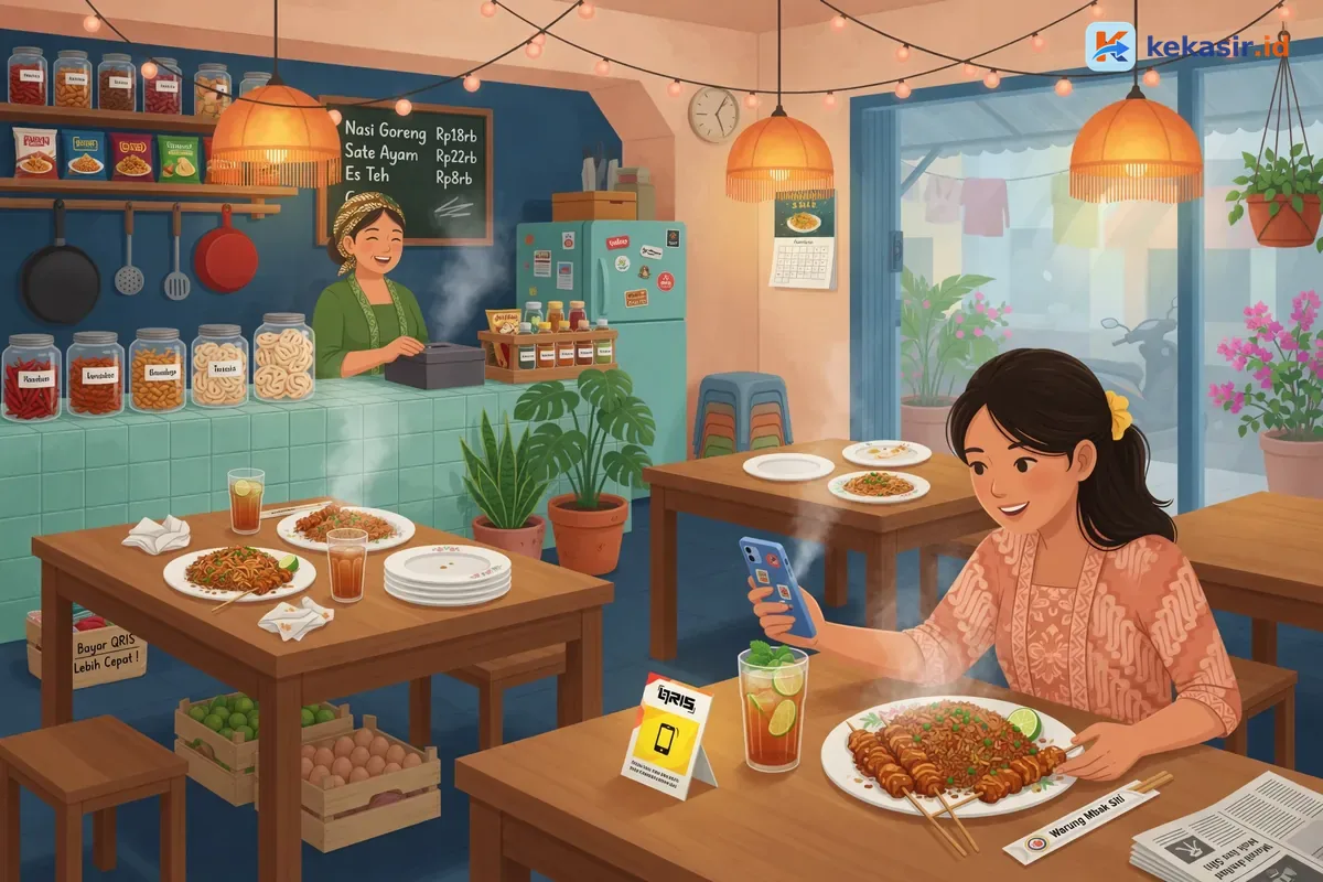 Ilustrasi penjual makanan di gerobak menerima pembayaran QRIS dari pelanggan