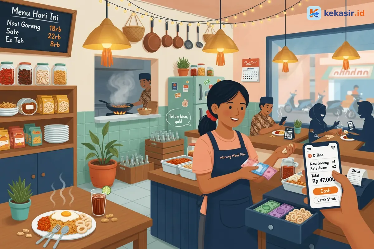 Ilustrasi pemilik warung tetap melayani pembeli meski sedang memakai aplikasi kasir offline di HP