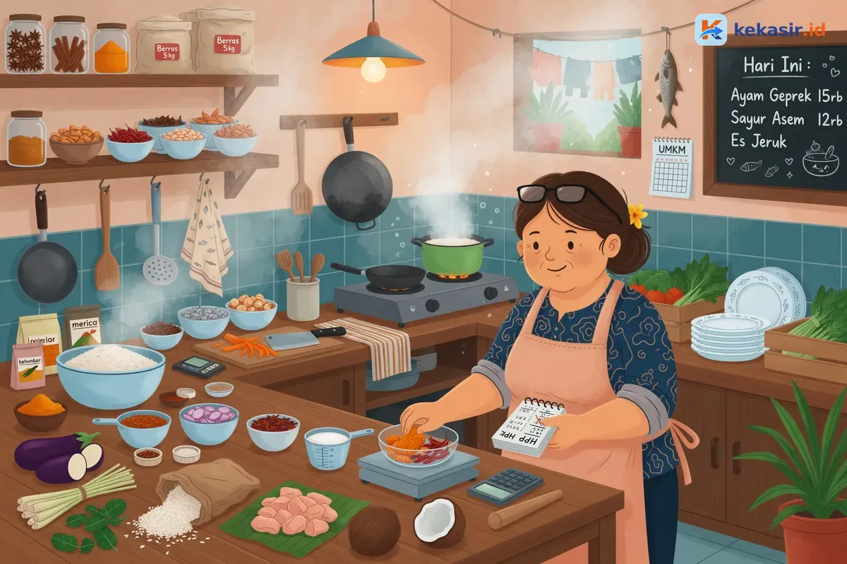 Ilustrasi pemilik warung menghitung bahan di dapur