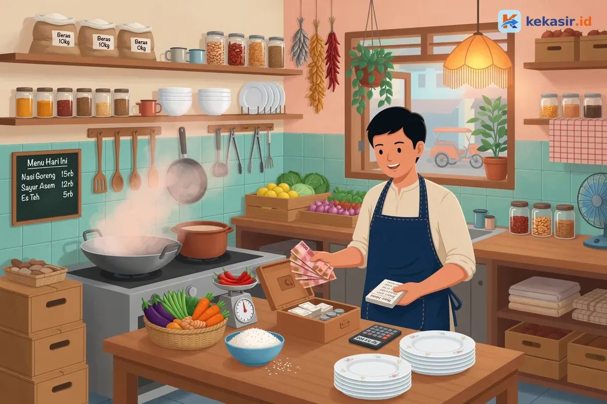 Ilustrasi pemilik warung menghitung kas dan struk di meja kasir