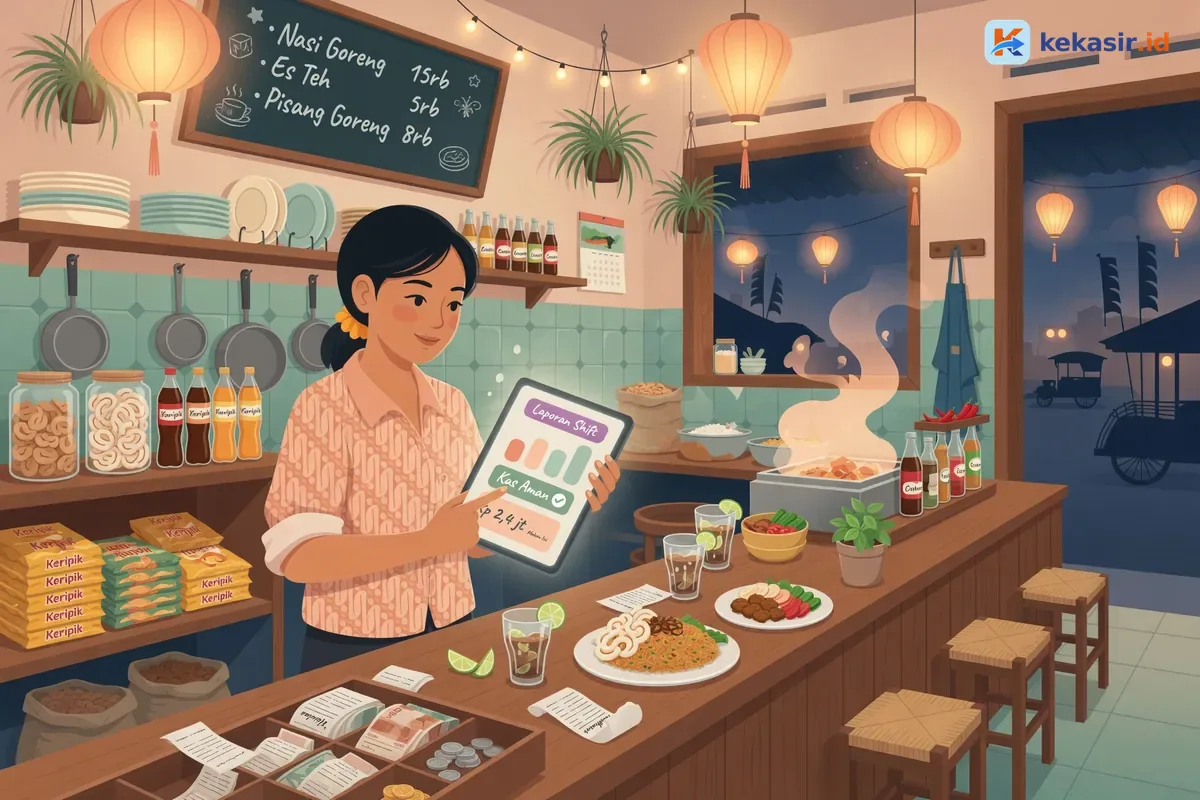 Ilustrasi owner memantau laporan shift kasir dari tablet di rumah
