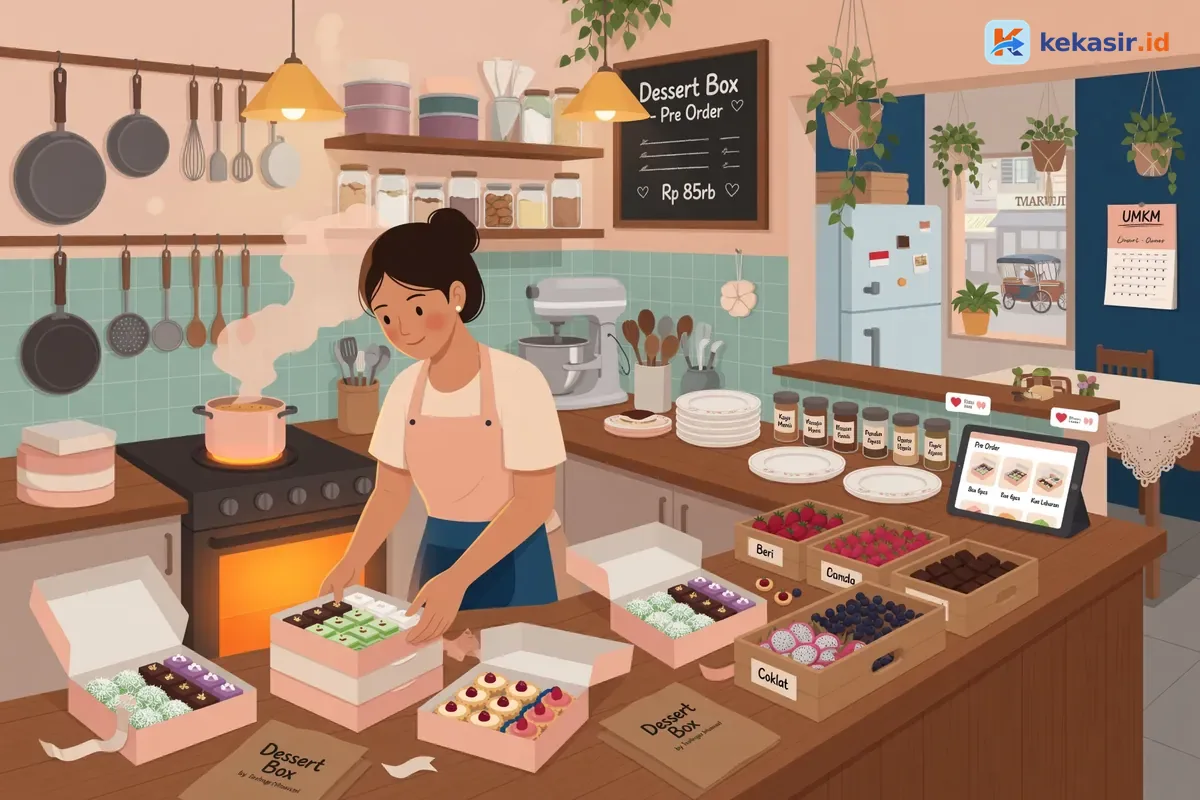 Ilustrasi pemilik usaha dessert box merapikan box kue di dapur rumahan