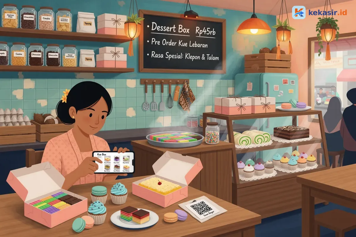 Ilustrasi pelanggan membuka katalog menu dessert di HP sambil pilih rasa kue