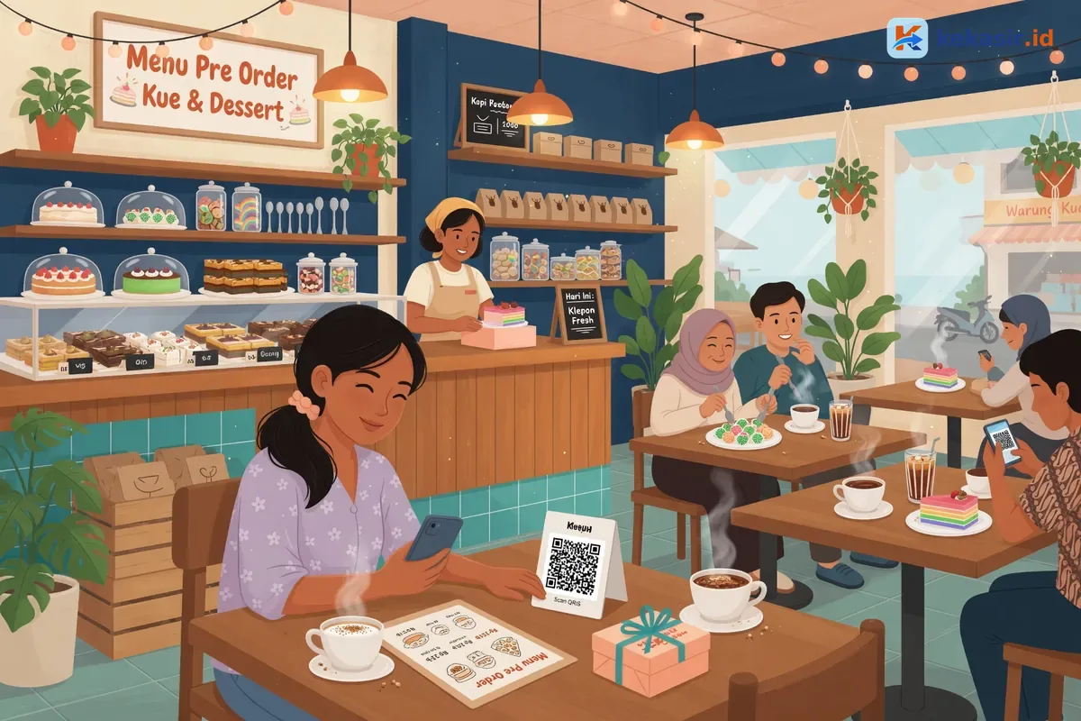 Ilustrasi pelanggan scan bayar QRIS untuk pre order kue lalu ambil box di counter