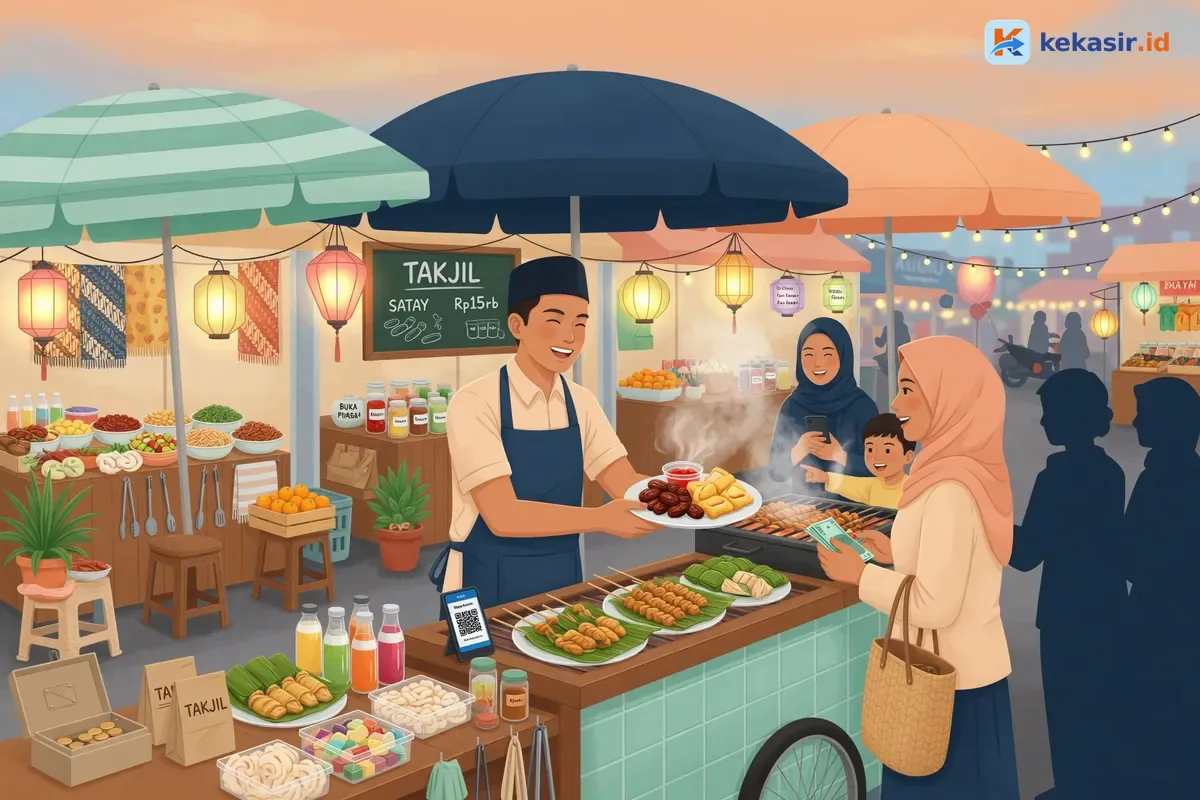Ilustrasi penjual takjil melayani pembeli di lapangan bazar