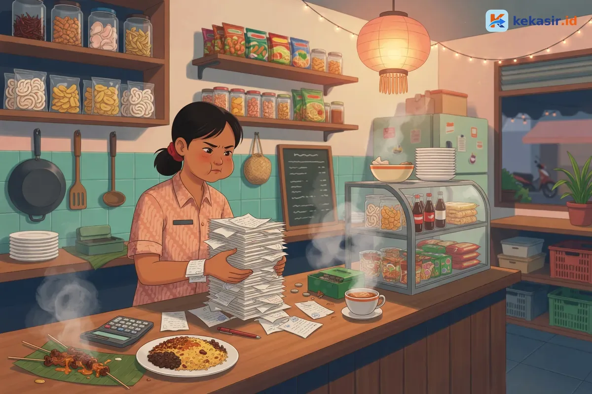 Ilustrasi pemilik warung memegang tumpukan nota kertas di meja kasir