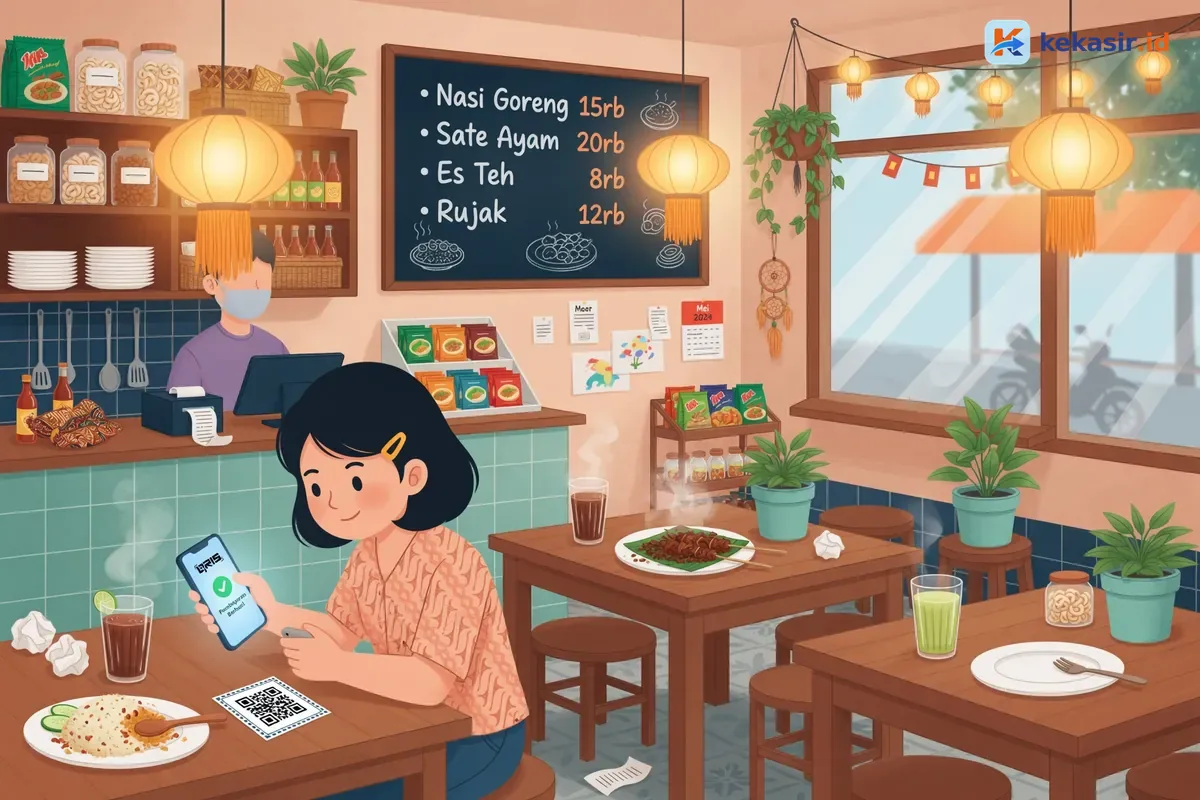 Ilustrasi kasir warung mencetak struk dari tablet di meja pesanan