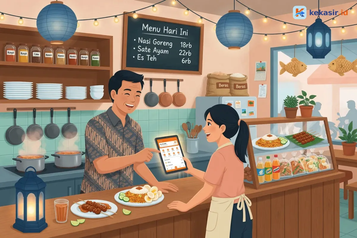 Ilustrasi pemilik warung melatih staf menggunakan aplikasi kasir di tablet