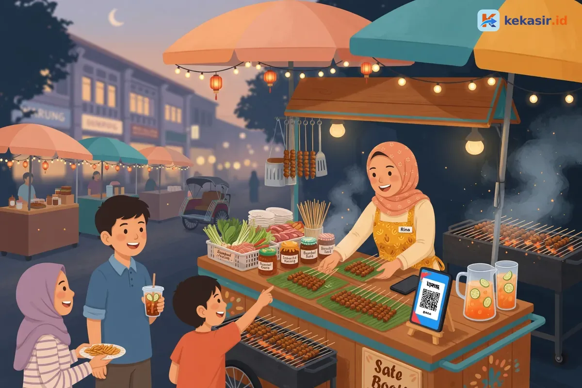 Ilustrasi booth makanan di event dengan kasir melayani antrean pelanggan