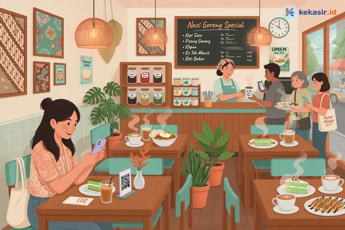 Ilustrasi suasana cafe ramai dengan antrean pelanggan di depan kasir