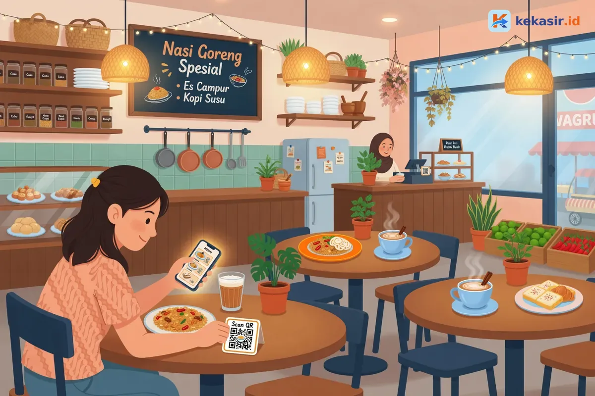Ilustrasi pelanggan sedang scan QR meja untuk memesan menu kafe