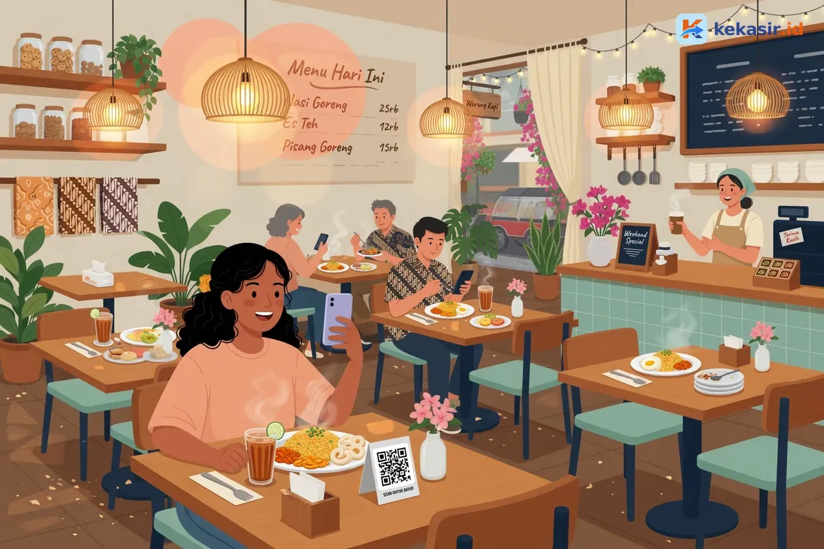 Ilustrasi barista di dapur menyiapkan pesanan sambil melihat layar monitor KDS