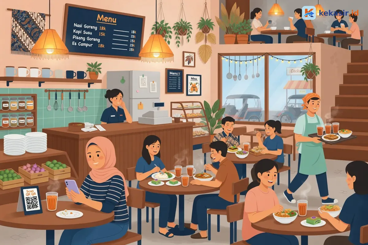 Ilustrasi suasana ramai di cafe dua lantai dengan pelanggan duduk dan pelayan membawa pesanan