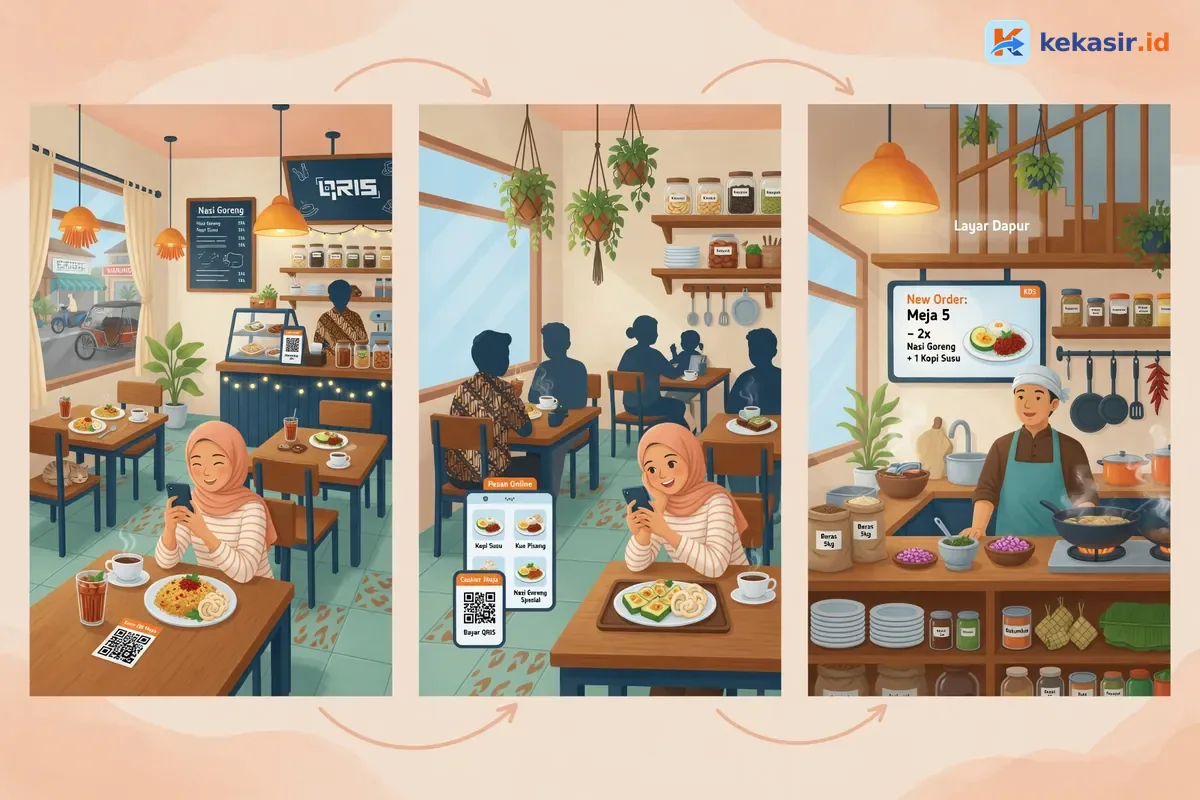 Diagram alur pesanan dari scan QR meja pelanggan ke layar dapur